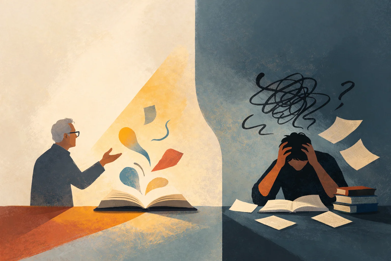 Split scene: a teacher with an open glowing book on one side, an overwhelmed learner surrounded by papers on the other
