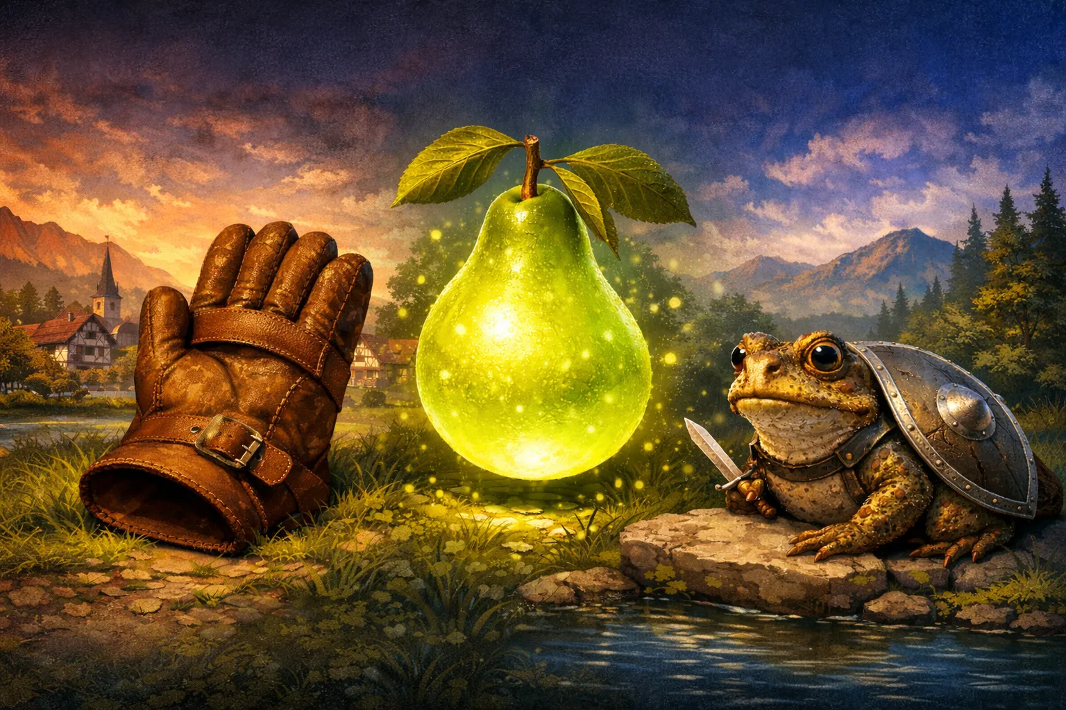 A leather glove, a glowing pear, and an armored frog by a stream