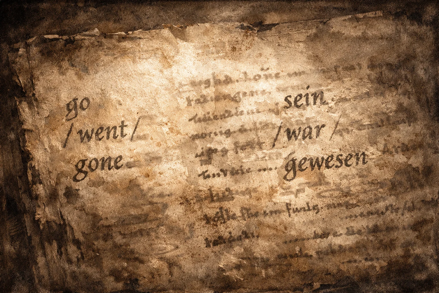 Aged manuscript with irregular verb forms — go, went, gone, sein, war, gewesen