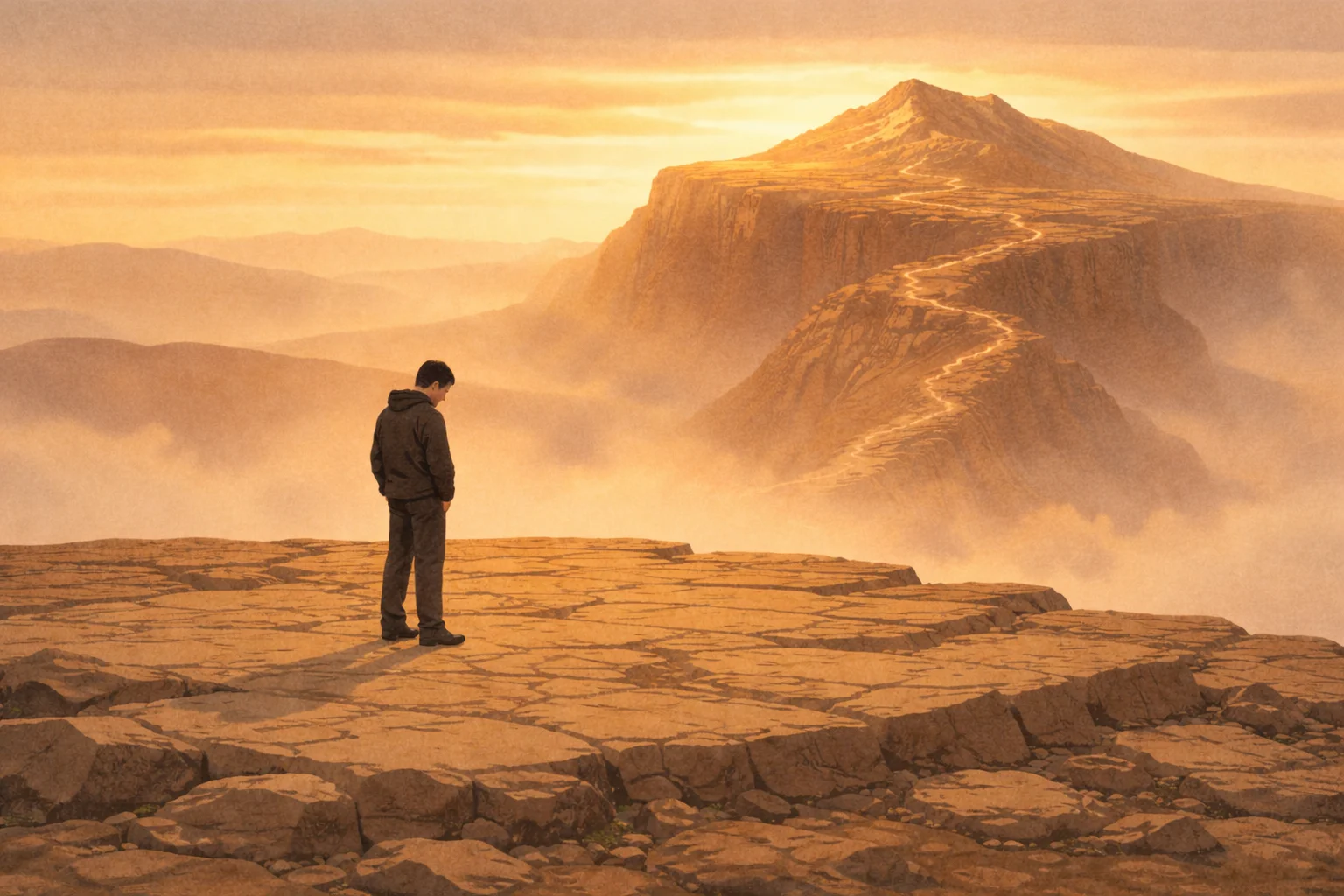 A figure standing on a warm golden plateau, head down, a winding path leading to a distant peak