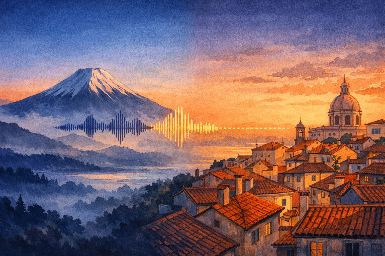 Split scene: Mount Fuji at dusk on the left, Lisbon rooftops at sunset on the right, connected by a fading sound wave